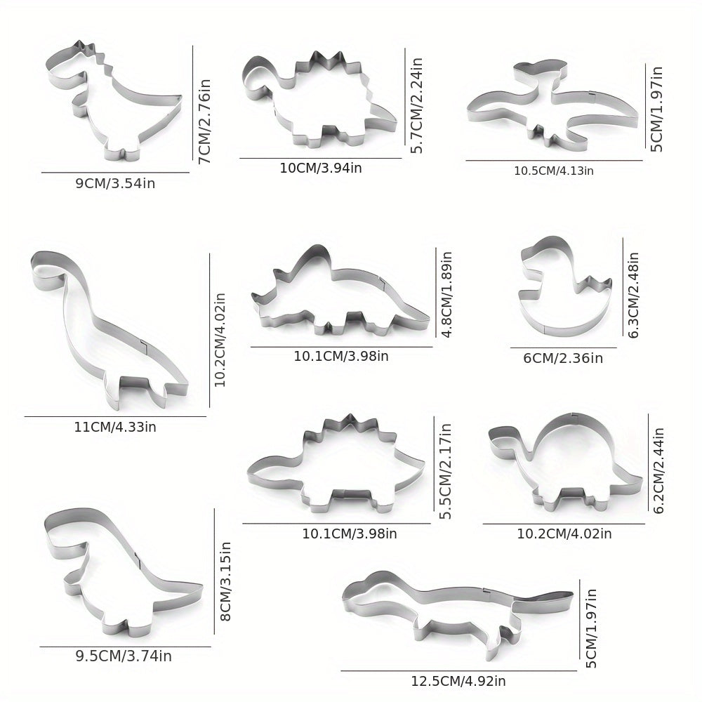 A set of 10 stainless steel dinosaur cookie cutters, perfect for creating fun shapes for baking with kids. These DIY kitchen tools can also be used for cake decoration, making them ideal for children's dinosaur-themed birthday parties.