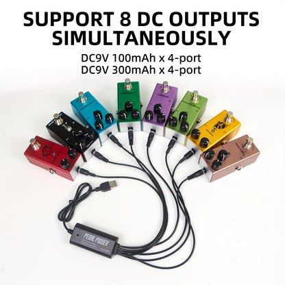 New Guitar Pedal Power Supply with 8 outputs and USB plug-in for 9V DC output.