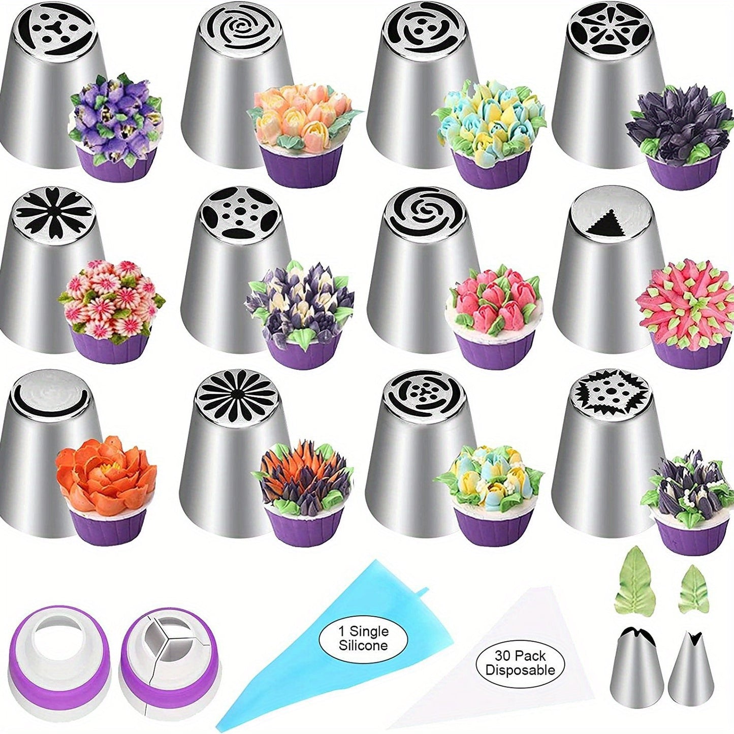 Cake decorating set includes 47 pieces, such as 12 flower pastry tips nozzles, 2 leaf shape piping tips, 2 couplers, and 30 piping bags. These tools are perfect for cake decorating, baking supplies, and creating cookies and cupcakes.