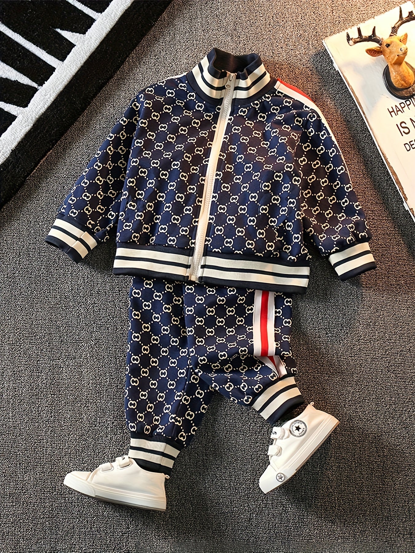 2pcs Geometric Print Zip-Up Varsity Jacket & Casual Pants Set for Boys - Ideal for Outdoor Play, Fall/Winter Gift Idea