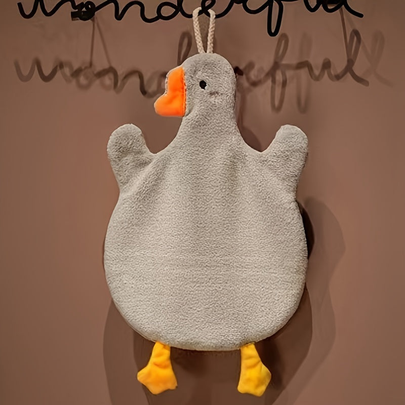 Cartoon Duck Hand Towel: Super absorbent, quick dry, and machine washable. Suitable for kitchen, bathroom, or bedroom. Made of 85% polyester and 15% acrylic blend with a modern style woven weave. 100gsm.