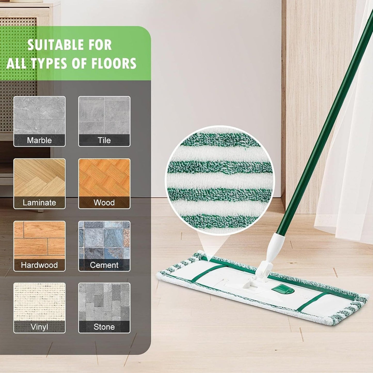 Microfiber mop refill pad in green stripe pattern, washable and reusable. Compatible with Libman floor mop for easy wringing. Perfect for home and office use.