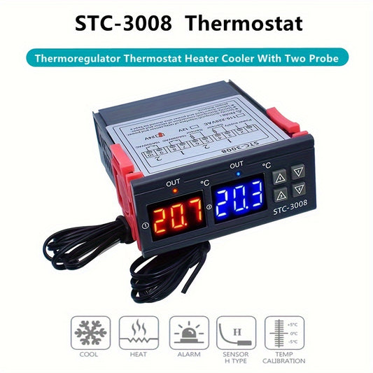 STC-3008 Smart Dual Control Temperature Controller with Digital Display - 110V/220V, Battery-free - Perfect for Aquariums