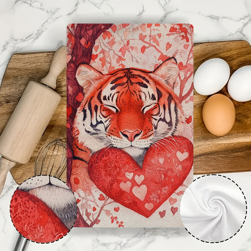 Valentine's Day Tiger Funny Tiger Kitchen Towels - Set of 2, Ultra Soft and Highly Absorbent Dish Hand Towels for Holiday Decor, Machine Washable, 16x24 Inch Dimensions - Item Number 2KYSYS1217648