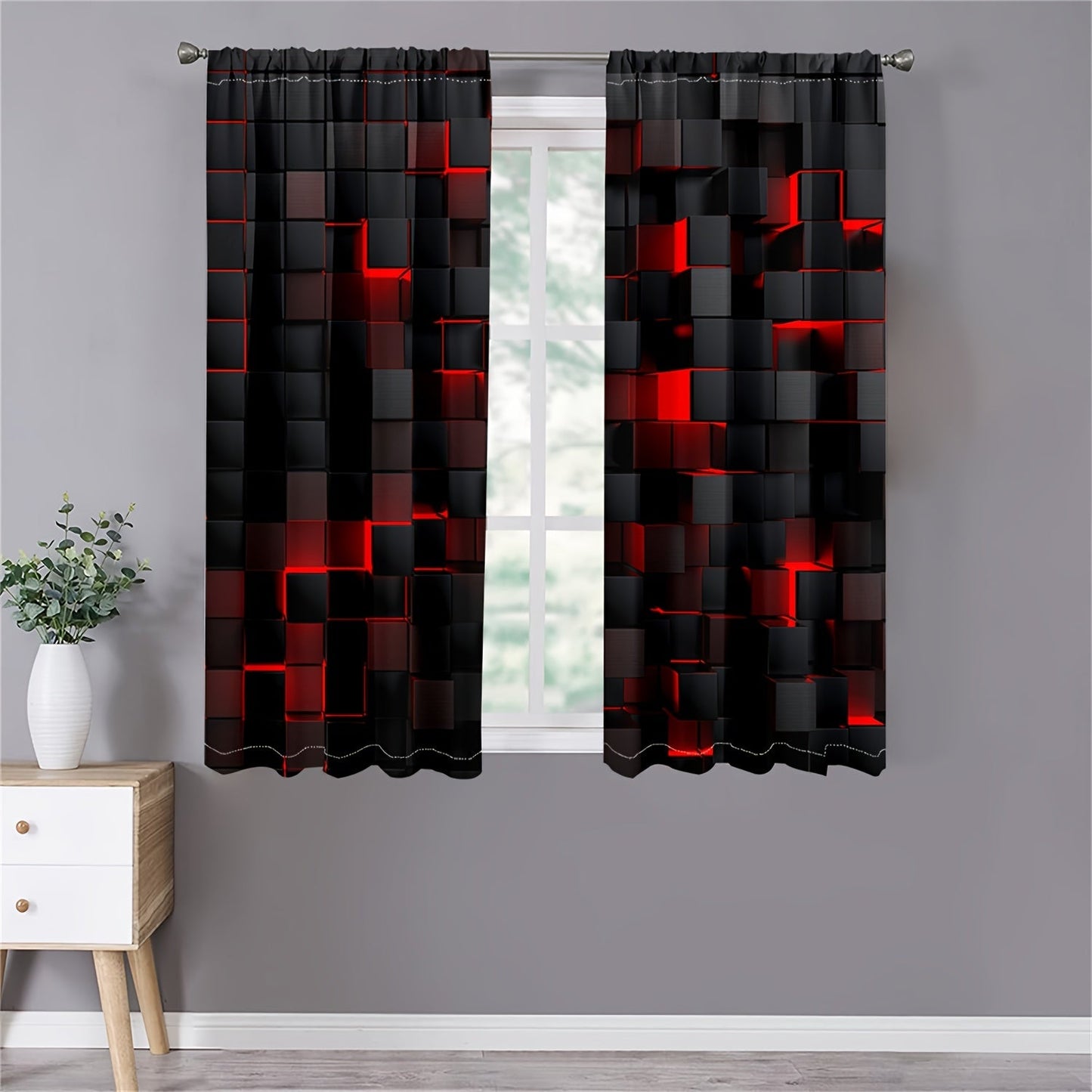 Set of 2: Abstract Red & Black Gradient Curtains - Modern Geometric Design, Semi-Transparent Drapes for Privacy in Living Room and Bedroom Decor