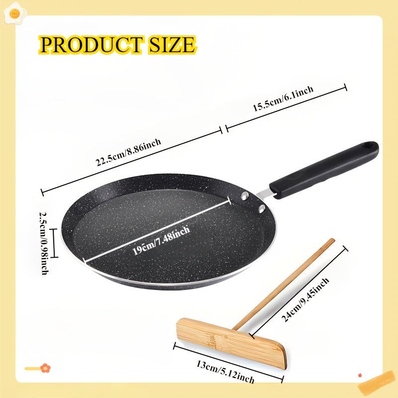 Non-stick pancake pan with diffuser, 10.5 inches in size and granite-coated. Versatile frying pan perfect for making pancakes, omelettes, burritos, chapatis, and more. Features a flat bottom and is suitable for use on induction cooktops. Free of PFOA and