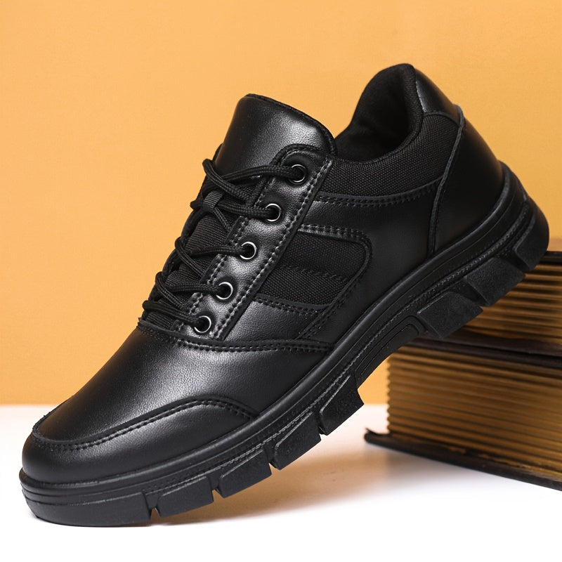 Men's black lace-up casual sneakers with fabric inner, PVC sole, and cloth insole.