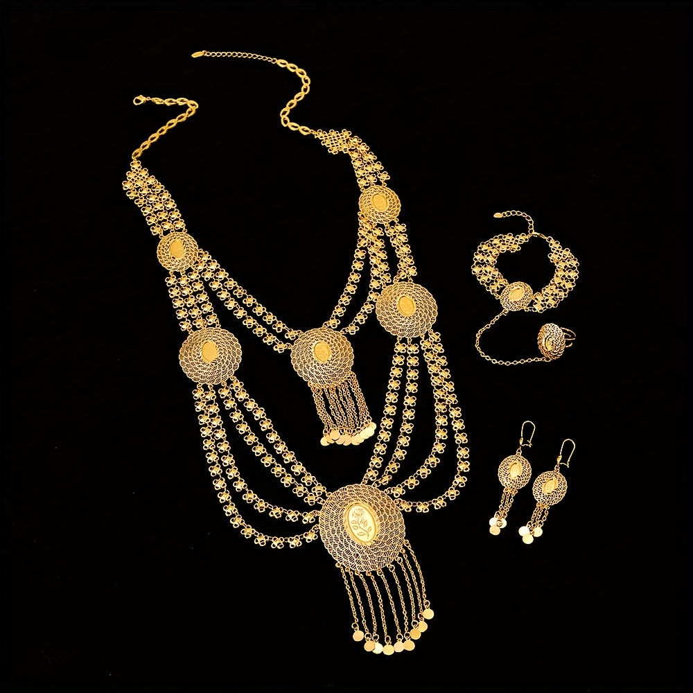 Stunning Gold-Tone Copper Jewelry Set in Arabic Style, Exuding Bohemian and Sexy Vibes. Features 18K Golden Plating, Multi-Layered Design, and Elegance. Ideal for Weddings, Parties, Ramadan, or as a Year-Round Accessory Gift for Women.