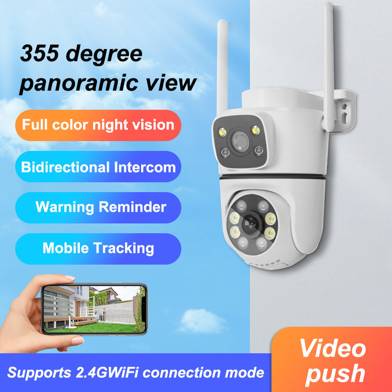 Upgrade your outdoor security with the QKH 1080P Dual-Lens Security Camera. Featuring PTZ, Two-Way Audio, Smart Night Vision, Waterproof design, TF/Cloud Storage, App Control, and 2MP resolution. Connect via 2.4G Frequency for a 360-degree Patrol. (SD