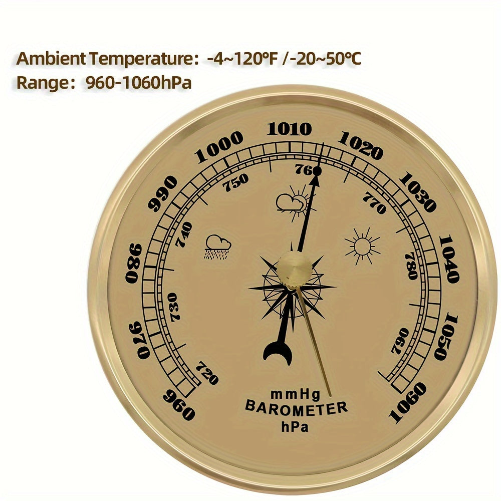 Classic wall-mounted barometer with pressure gauge and mercury-free metal thermometer, no battery needed.