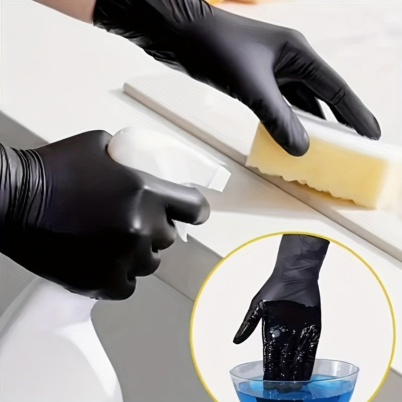 Durable black nitrile gloves for kitchen and home cleaning tasks, powder-free with non-slip texture, lightweight and ambidextrous.