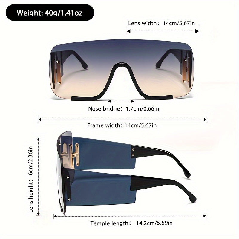 YI YAN Oversized Rimless Fashion Glasses for Men & Women - Futuristic Design, Metal Frame, Ideal for Cycling, Hiking, Beach Vacations - Gradient Lens with Decorative Elements, Includes