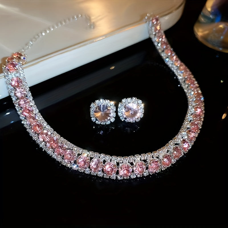 Elegant rhinestone necklace and earrings jewelry set, featuring S925 sterling silver needle and glittering alloy. Ideal for bridal accessories, a Valentine's Day gift, or for a special ball party.