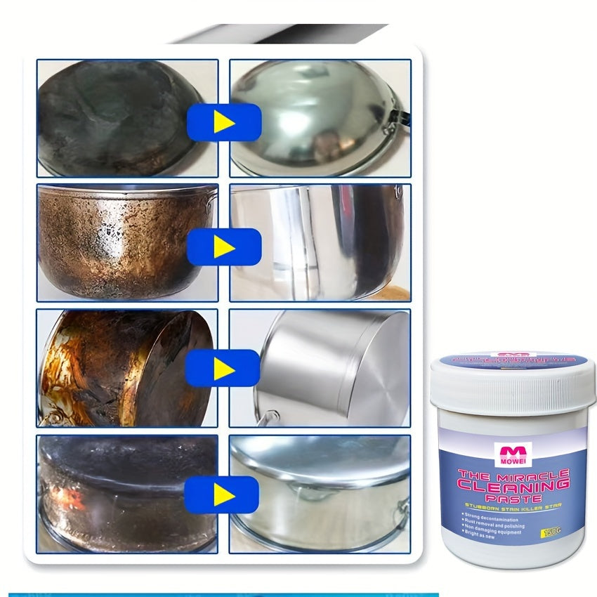 Stainless steel cleaning paste removes stubborn stains and grease from kitchen utensils, stoves, and walls.