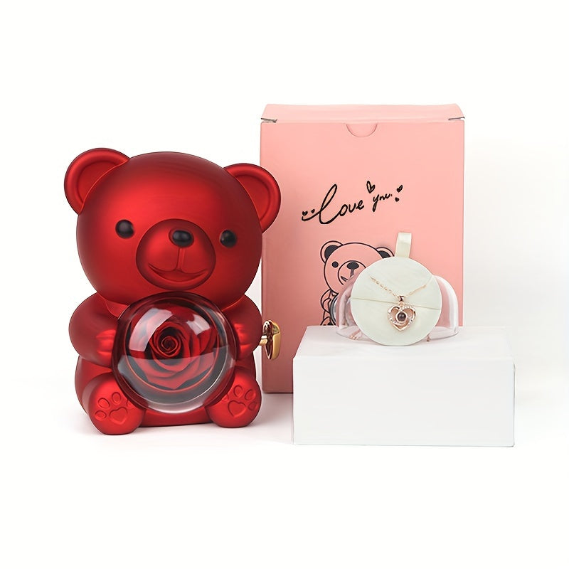 Art Deco style rotating jewelry box with bear hug flower design, made of plastic with "Love You" message and gift box included.