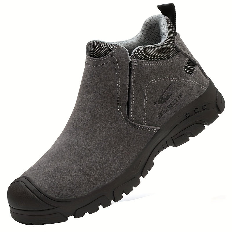 Safety shoes for industrial and construction sites, puncture-proof with steel toe and ankle support.