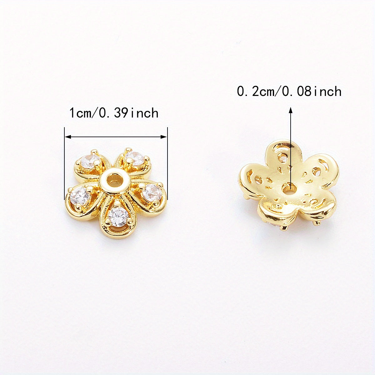 Brass Flower Bead Caps with Synthetic Cubic Zircons - Set of 20 pieces in a bag, including 10mm, 8mm, and 6mm sizes. Perfect for creating stunning jewelry pieces.