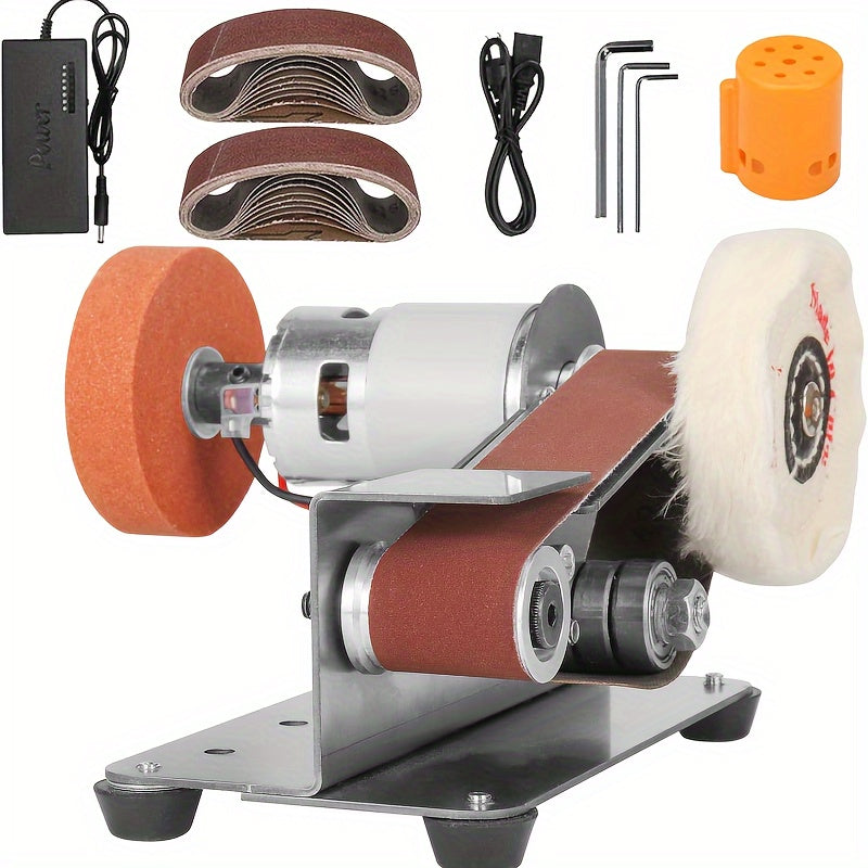 Mini electric belt sander and knife sharpener with 7-speed control, stainless steel body, includes abrasive belts and accessories. Durable construction for crafting and grinding tasks.