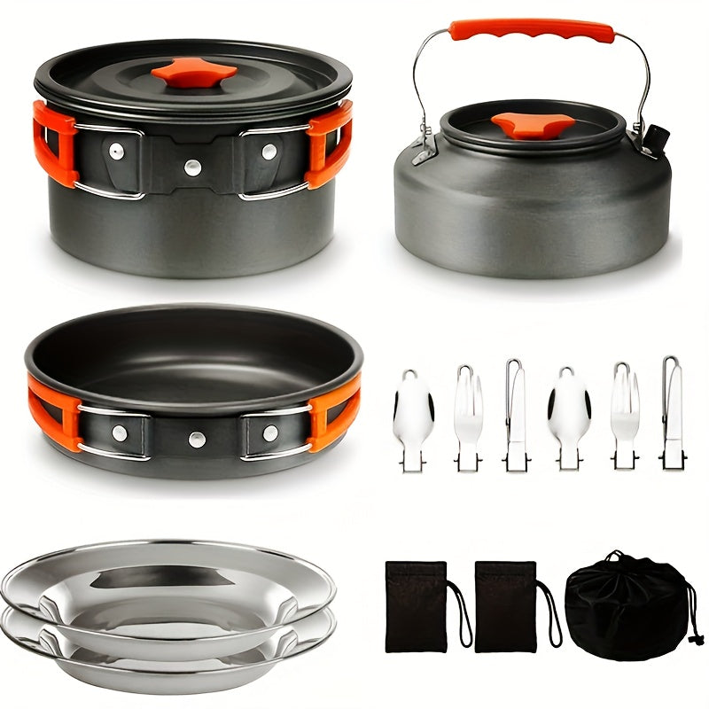 Portable camping cookware set for 2-3 people includes pot, pan, kettle, utensils, and foldable storage.