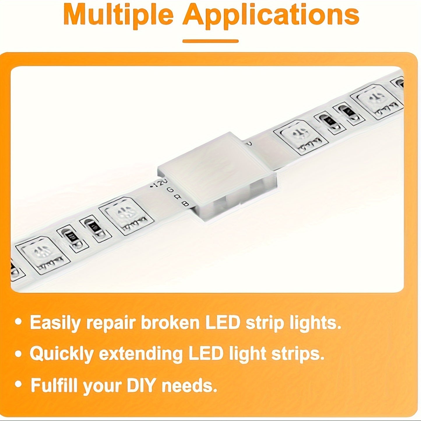 20 4-pin LED strip connectors for easy, solderless connection and disconnection of 10mm wide SMD 5050 RGB light strips. Adjustable with no power connection required. Ideal for strip lights.