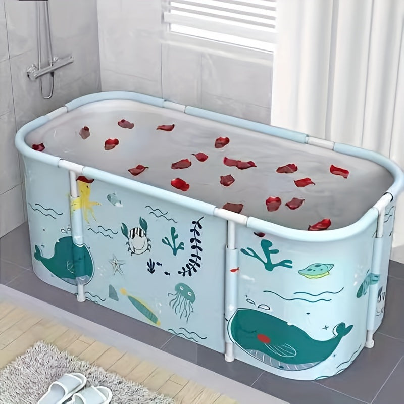 Adults' foldable freestanding bathtub for two, made of thick PVC in blue and white marble pattern with "GOOD LUCK BATHHUB" design, easy to use without installation.