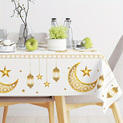 1pc Ramadan Kareem Tablecloth made of polyester, featuring Islamic moon and stars design, perfect for Eid Al-Fitr celebrations and home decor.