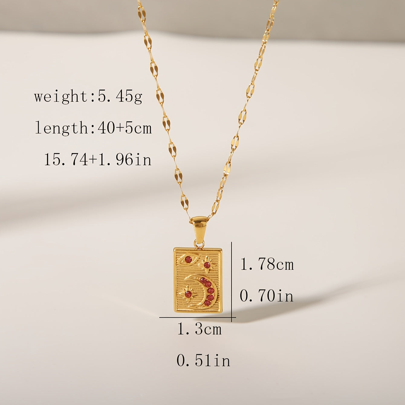 18K Golden Plated Stainless Steel Pendant Necklace featuring a Minimalistic Geometric Rectangle & Crescent Moon Design adorned with Red Synthetic Zirconia Stones, a Stylish and Versatile Piece of Fashion Jewelry perfect for Women to Wear on Both Daily