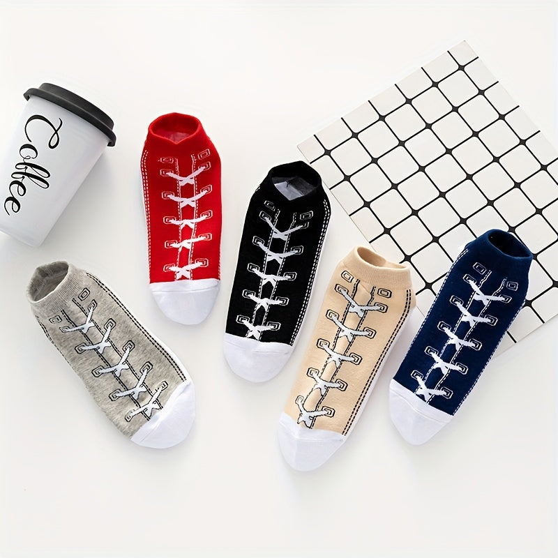 5 pairs of men's funny shoelace print ankle socks, sweat absorption and breathable, for year-round wear