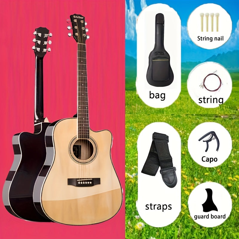 DLASO Beginner Acoustic Guitar 101.6cm with Rosewood Fingerboard, Spruce Top, Maple Neck, and Basswood Back & Sides. Includes bag, straps, pick, connecting line, and tuner.