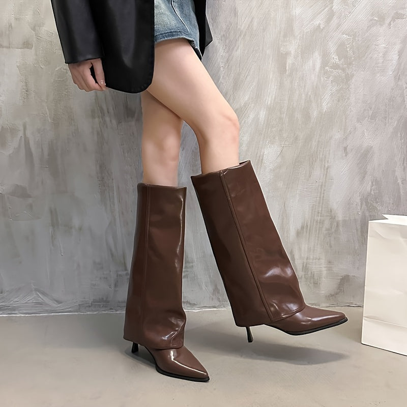 Stylish mid-calf stiletto boots for women in black, cream, and brown. Comfortable PU cover with rubber sole, perfect for daily wear and travel.