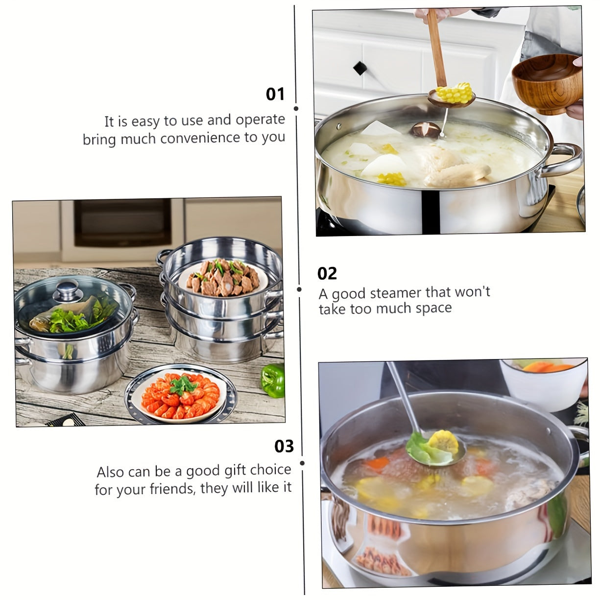 Durable Stackable Stainless Steel Cookware Set with Non-Stick Finish, Bakelite Handles, Visible Glass Lid, and Multiple Layers