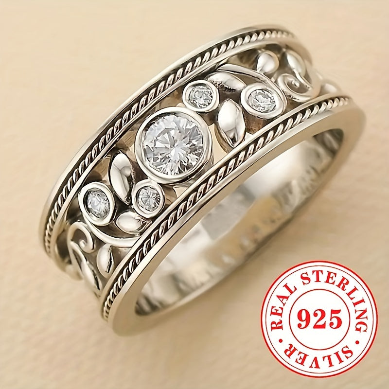 Beautiful silver ring for women, featuring a hollow leaf design with synthetic cubic zirconia stones. Made of 925 sterling silver, this elegant piece is perfect for daily wear and vacations. Ideal for those with an April birthday or anyone who loves