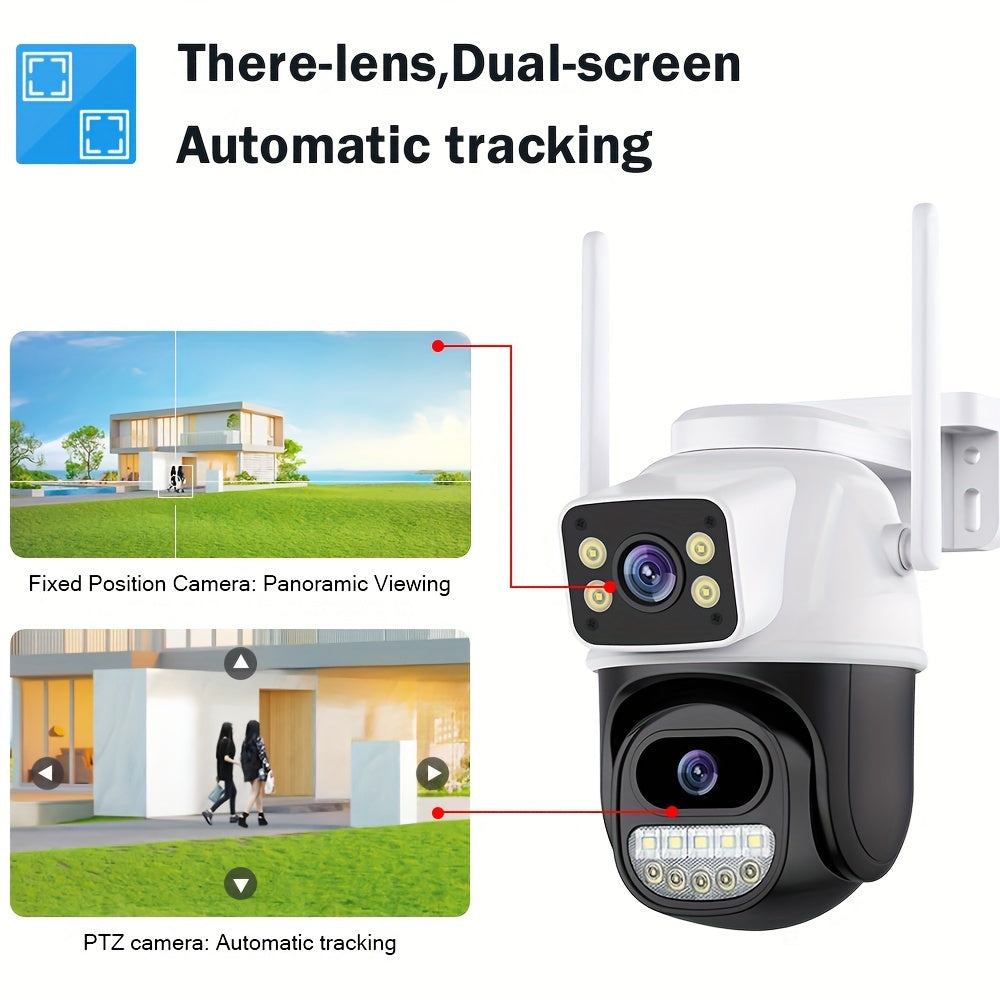 Icsee outdoor 3-lens camera with 4K resolution, dual screens, 8MP, WiFi, 8x zoom, human detection, auto tracking, and security surveillance.