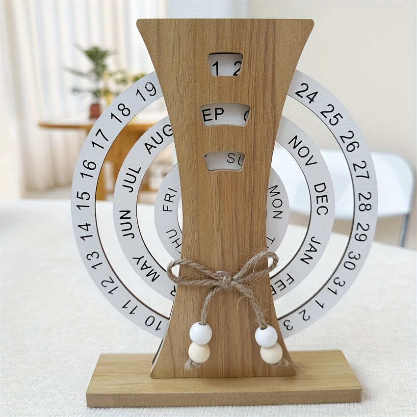 Handcrafted wooden perpetual desk calendar with moon ferris wheel design, weekly-monthly view, and rotatable manual date tracker. Ideal for home and office décor. 1 piece.