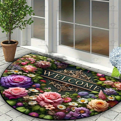 Half-circle 'Welcome' floral design mat, durable, non-slip, and washable. Ideal for high-traffic areas like living rooms, bathrooms, and patios. Great for housewarming gifts and home decor.