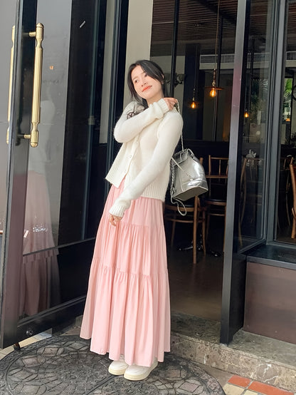 Women's elegant tiered A-line long skirt made of 100% polyester with lining, elastic high-waist, flared hem, loose fit, suitable for spring/summer/fall fashion.