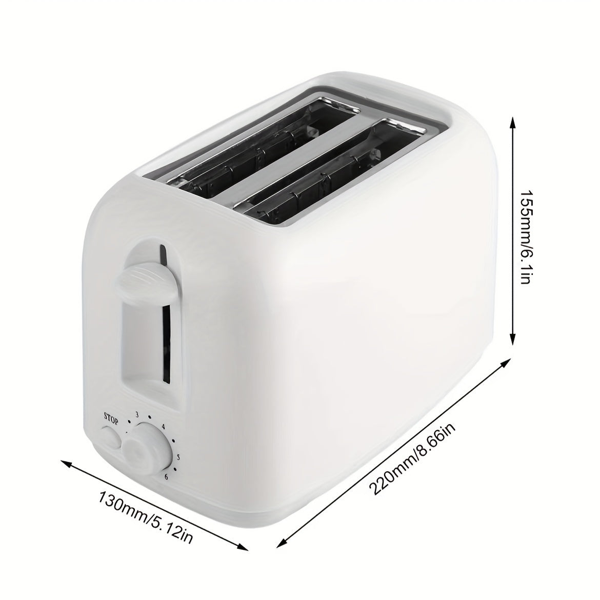 European standard 2-slice stainless steel toaster with auto shut off, extra wide slots, defrost & reheat function, knob control and removable crumb tray in white. Suitable for toasting