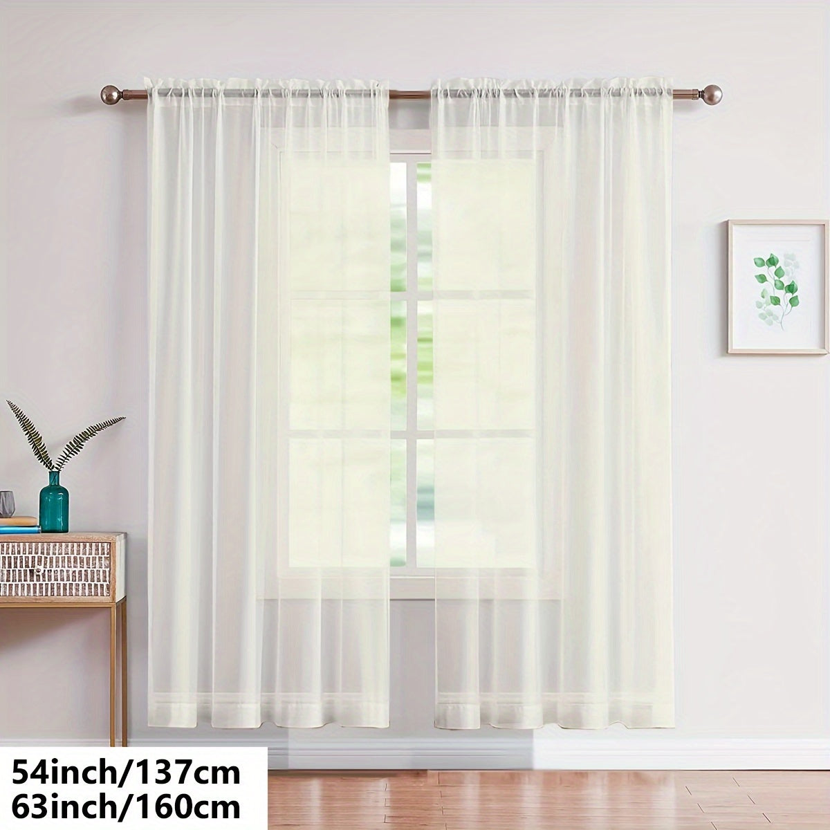 Two pieces of lightweight transparent white gauze curtains, designed for living room and bedroom decoration, with pole-wearing feature.