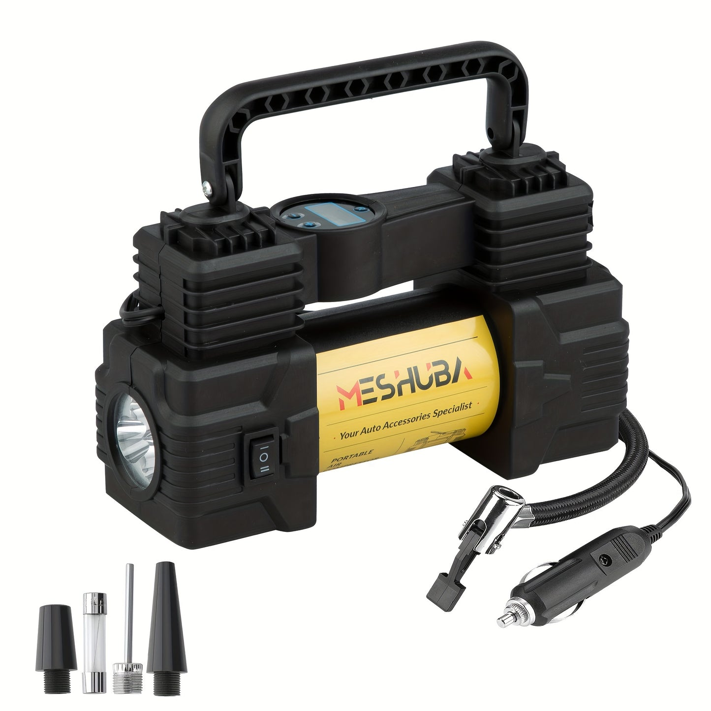 616 MESHUBA Tire Inflator: 12V Portable Air Compressor with Digital Pressure Gauge, 150PSI, Yellow (Battery Not Included)