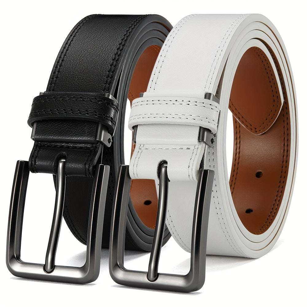 2 DOOPAI Men's Genuine Leather Belts - Adjustable 3.17cm Width, Classic Square Buckle, Ideal for Jeans & Dress Pants, Includes Gift Box - Black & Brown