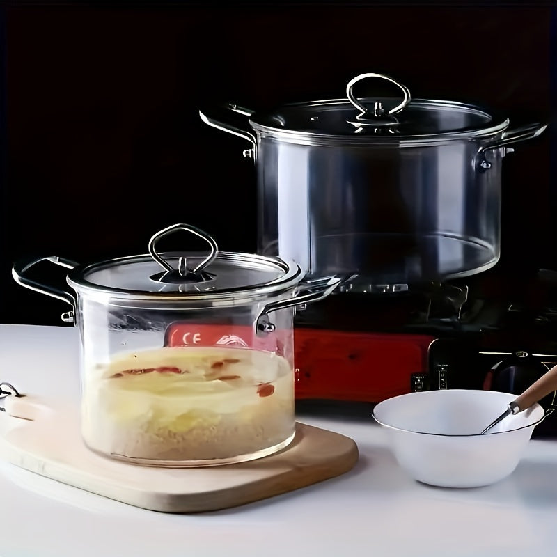 Get the [Favorite Pick] 1-piece Borosilicate Glass Soup Pot featuring Stainless Steel Handles, Dual-Ear Design for Simple Handling, Complete with 5-piece Sponge Wipe Set, Perfect for Home and Restaurant, 2.5L/3.5L/4.5L/5.5L Sizes Available!