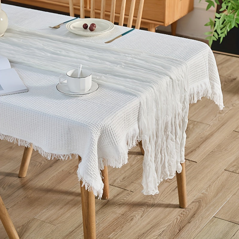 Elegant rust-colored cheesecloth table runner for spring, holidays, weddings - farmhouse chic design.