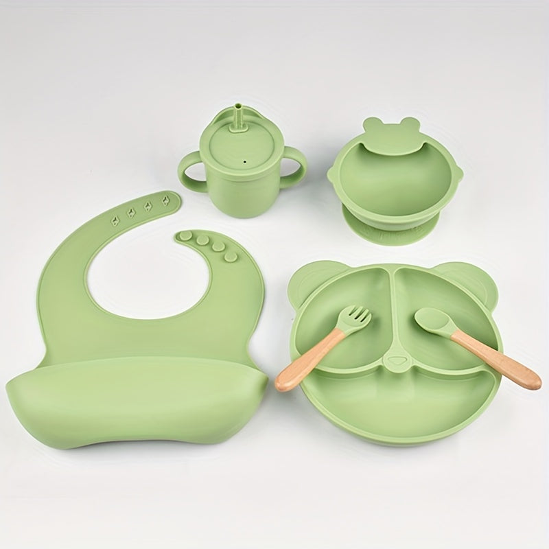 6 Piece BPA Free Silicone Baby Feeding Set for Toddlers - Includes Suction Plate, Bowl, Bib, Sippy Cup, Fork & Spoon - Food Grade Flatware for Ages 0-3 Years