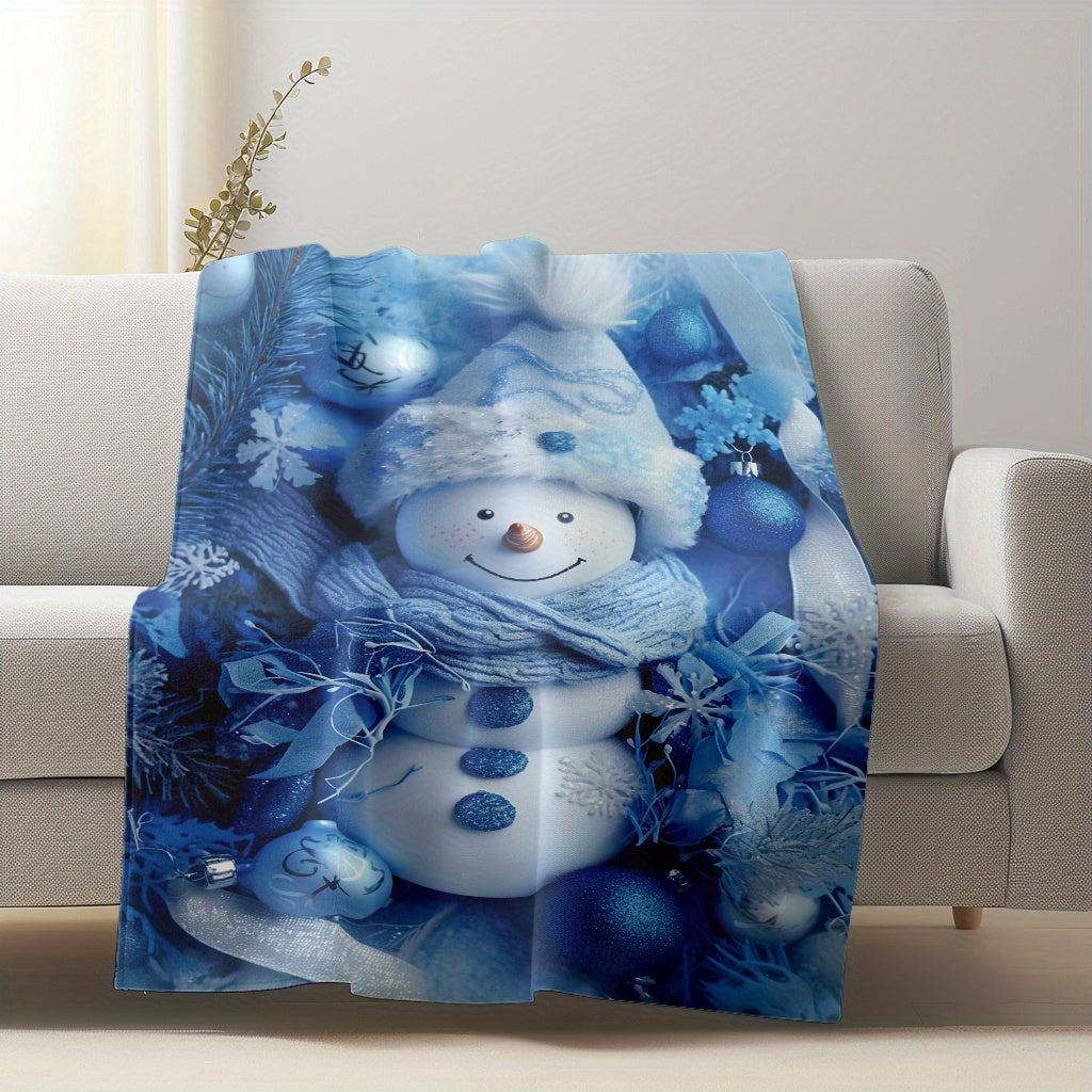 Soft and warm flannel fleece blanket featuring a contemporary snowman blue print. Perfect for cozying up on the sofa, taking a nap at the office, or using during camping and travel. Machine washable and anti-tear for durability. Suitable for all seasons.