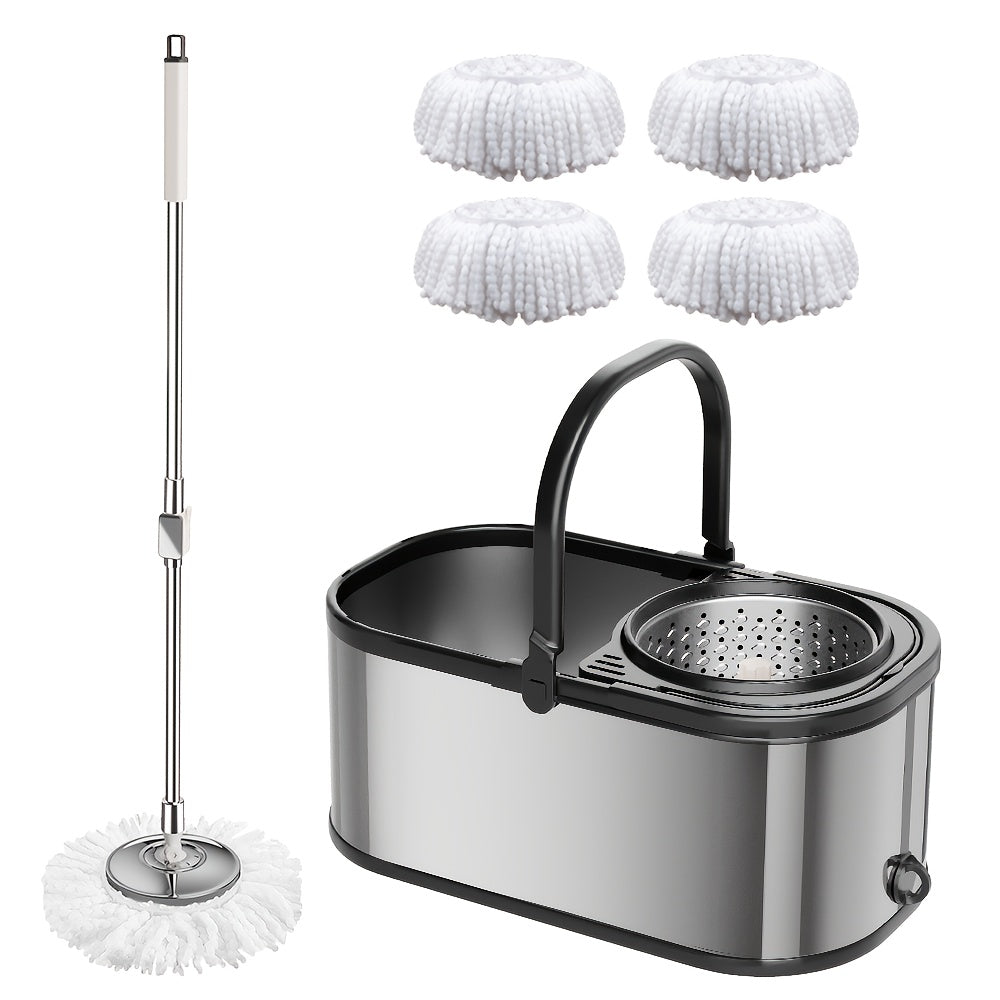 Set of Rotating Mop Bucket - Ideal for Cleaning Household Kitchen Floors - Can be Used Dry or Wet on Hardwood and Tile Surfaces - Includes 2 Reusable Super Fine Fiber Mop Heads