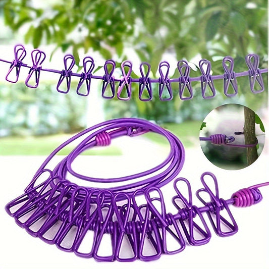 Portable travel and outdoor clothesline with 12 clips, retractable design, windproof laundry drying rope made of metal. Ideal for camping and home use.