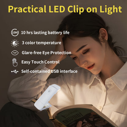 USB rechargeable book light with clip-on design, lithium battery, push button control, downlight, wall mountable, eye-care features.