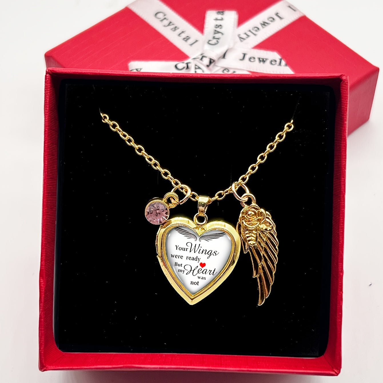 Elegant French-Style Copper Heart & Wing Pendant Necklace with Rhinestone Accents - Perfect for Daily Wear or as an Anniversary Gift. Great for Valentine's Day Surprise. Includes Red Gift Box and Golden Photo Frame.