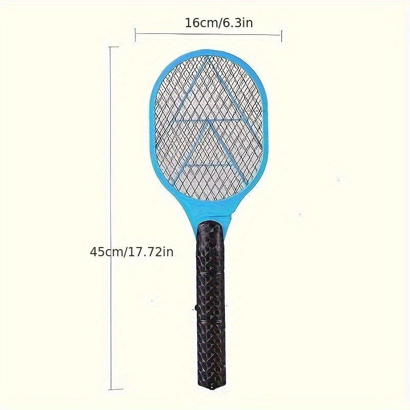 Electric fly and mosquito swatter that operates on batteries (AA batteries not included), made of durable plastic/aluminum/tin.