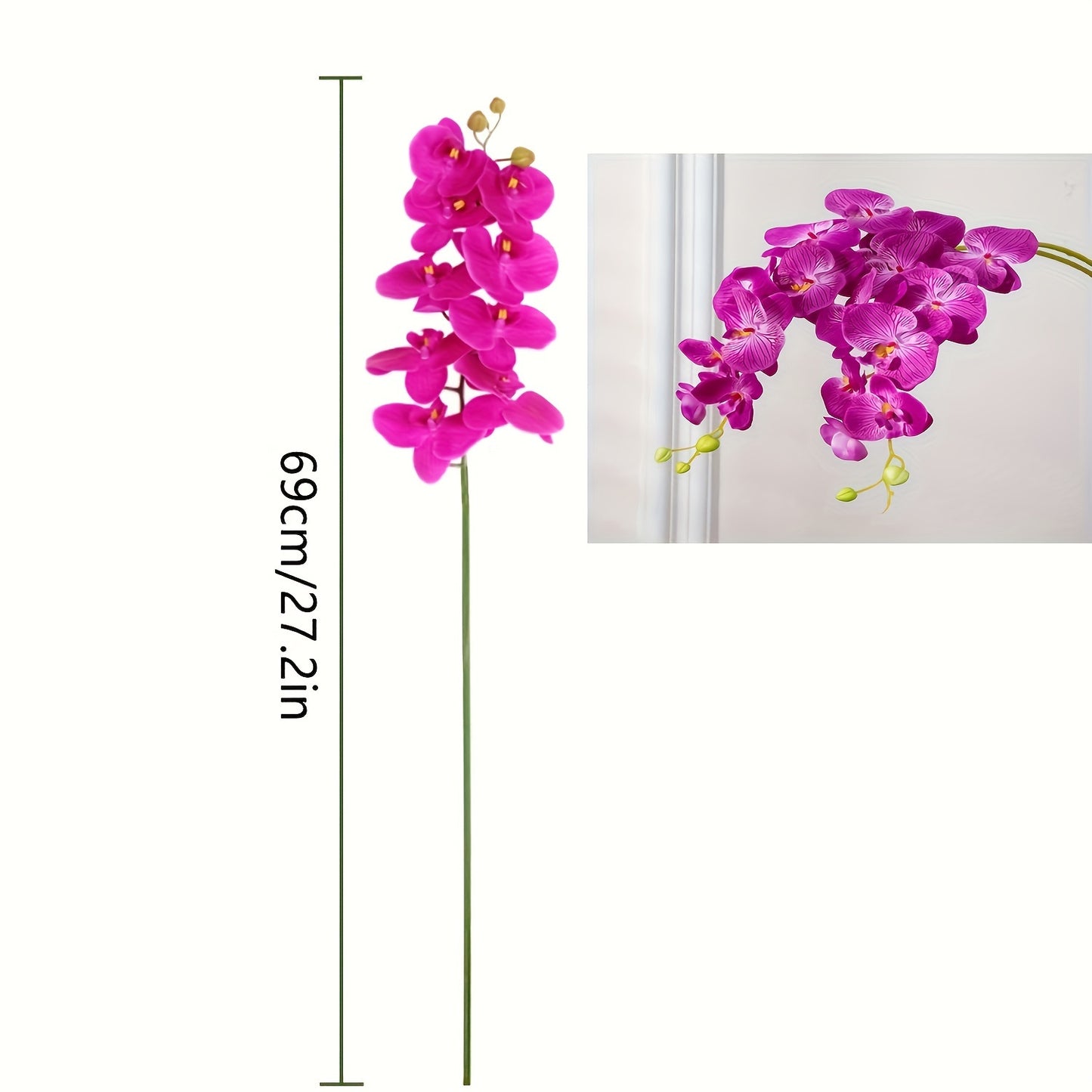 68.58cm vibrant purple red latex orchid with long stem. Perfect for weddings, home decor, and parties. Ideal for high vases, tabletops, and seasonal displays. Great decorative accessory.